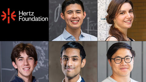 Headshots of 2026 Hertz Fellows: Andrew Chu , Elizabeth Kozlov, Miller MacDonald, Nikhil Seshadri,  and Eric Zhu