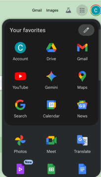 Google apps menu showing Gemini access